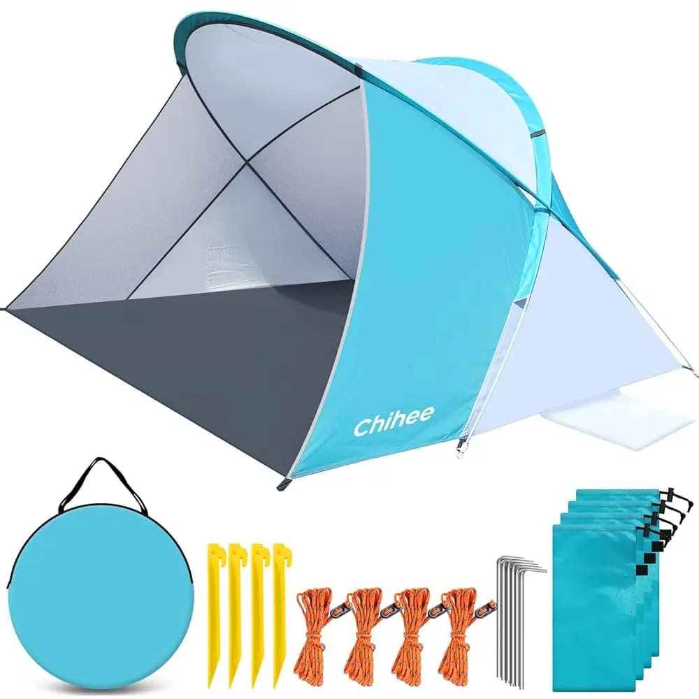 Tenda da Spiaggia Pop-Up per 1-2 Persone, Protezione UV, Tessuto Argentato, Riparo Solare Portatile, Pali in Fibra di Vetro Incrociati Antivento