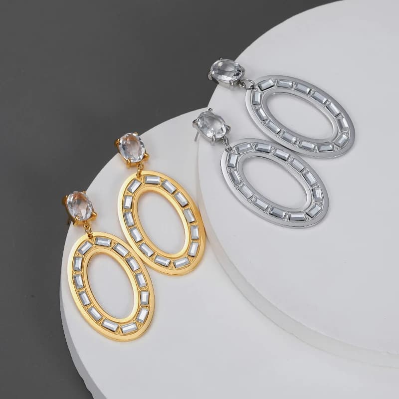 PRISCA | Diamond Oval Dangle Earrings Women Stainless Steel Trendy Shopping Jewelry 18k Gold Plated Hot Sale