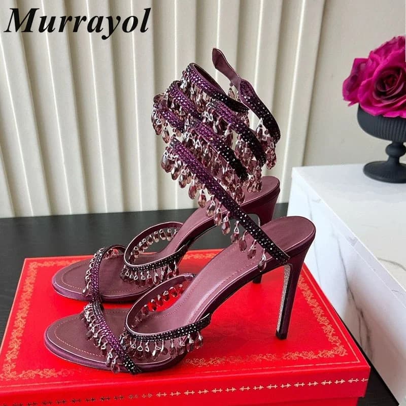 Sandals Summer Sparkling Crystal Tassel Pendant Thin High Heels Women's Serpentine Wrapped Gladiator Sandals Banquet Dress Shoes