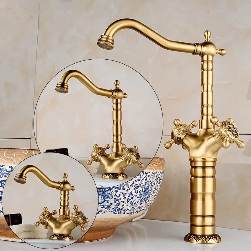 Tuqiu antique brass bathroom faucet carved bathroom sink faucet mounted on deck washbasin faucet mixer for water kitchen faucet