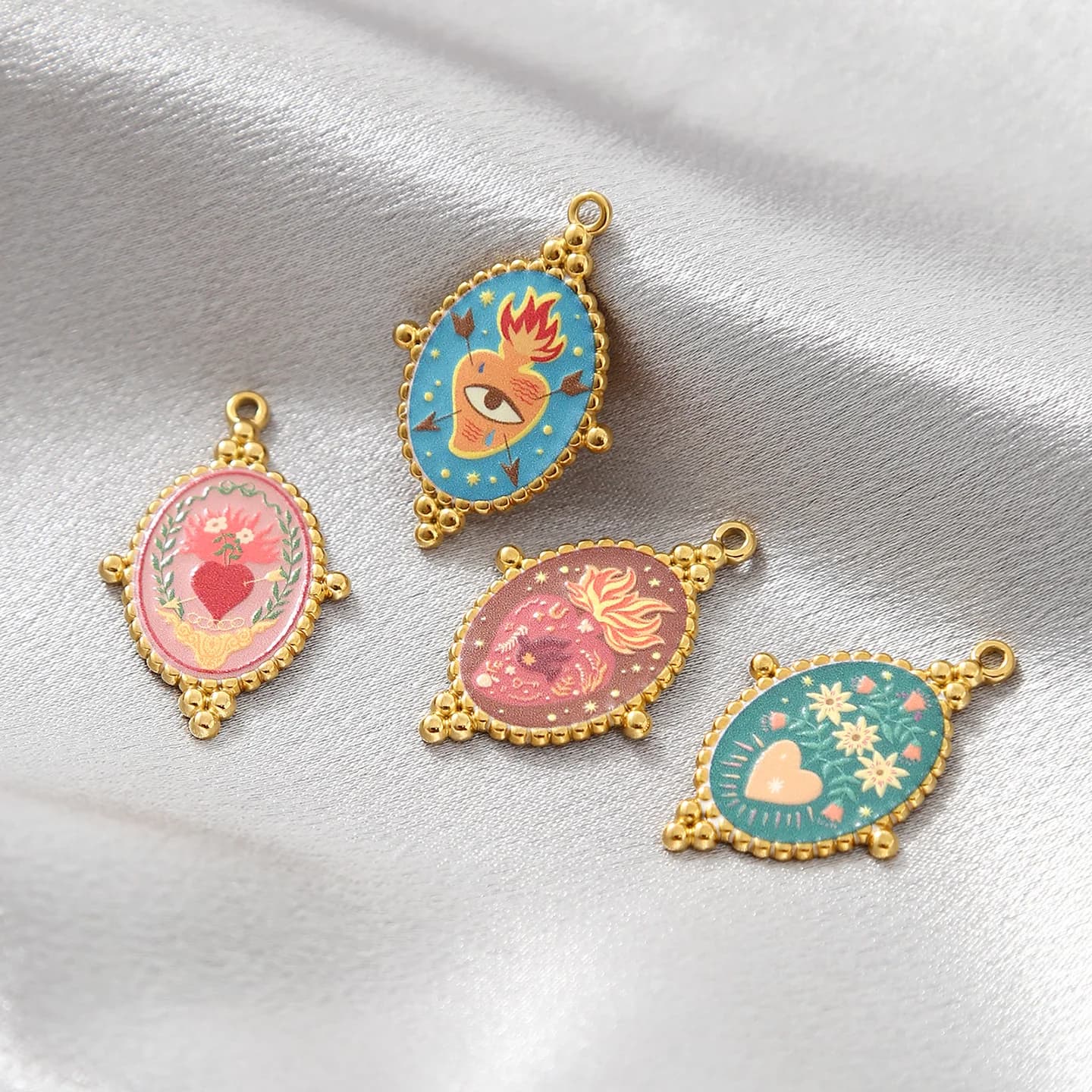 3 ciondoli a forma di fiore a forma di cuore in smalto in acciaio inossidabile placcato oro per gioielli pendenti con bracciale collana malocchio moda donna fai da te