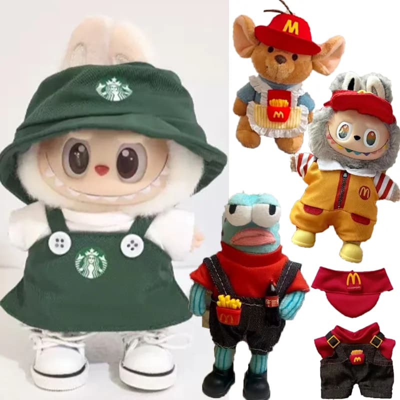 Accessori per Cosplay con Grembiule da Caffè alla Moda, Patatine Fritte e Hamburger per Bambole Labubu/Roo Mouse/Cool Fish da 15-17 cm