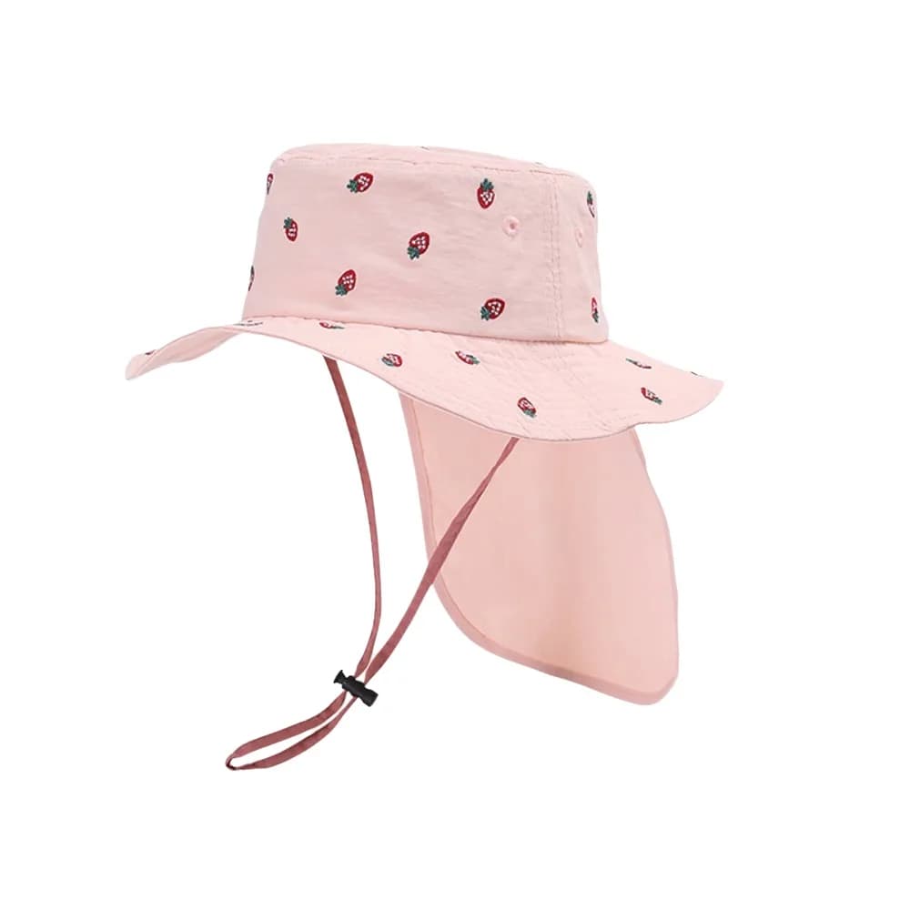 Cappello Panama per bambini Kawaii Protezione per il collo Cappello da pescatore estivo ad asciugatura rapida con ricamo a tesa larga Protezione solare