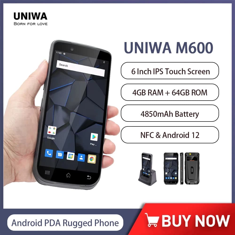 UNIWA M600 4G Industriale Palmare Android PDA Telefono Robusto Scansione 2D 6 Pollici 4GB + 64GB Smartphone Android 12 4850mAh 13MP NFC