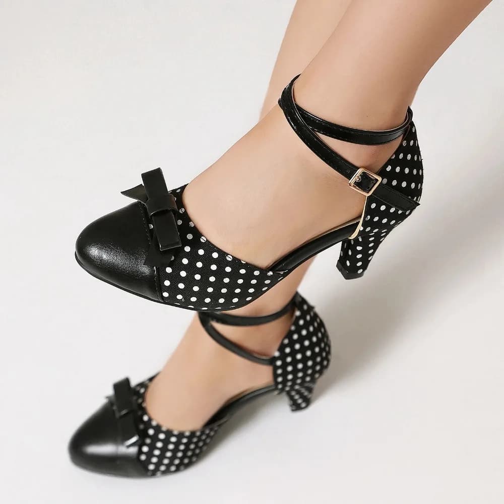 Women's Lolita Sandals Polka Dot Bow Pumps, 2.56in Heel Ankle Strap Shoes, Cute Color Block Party Cosplay Heels