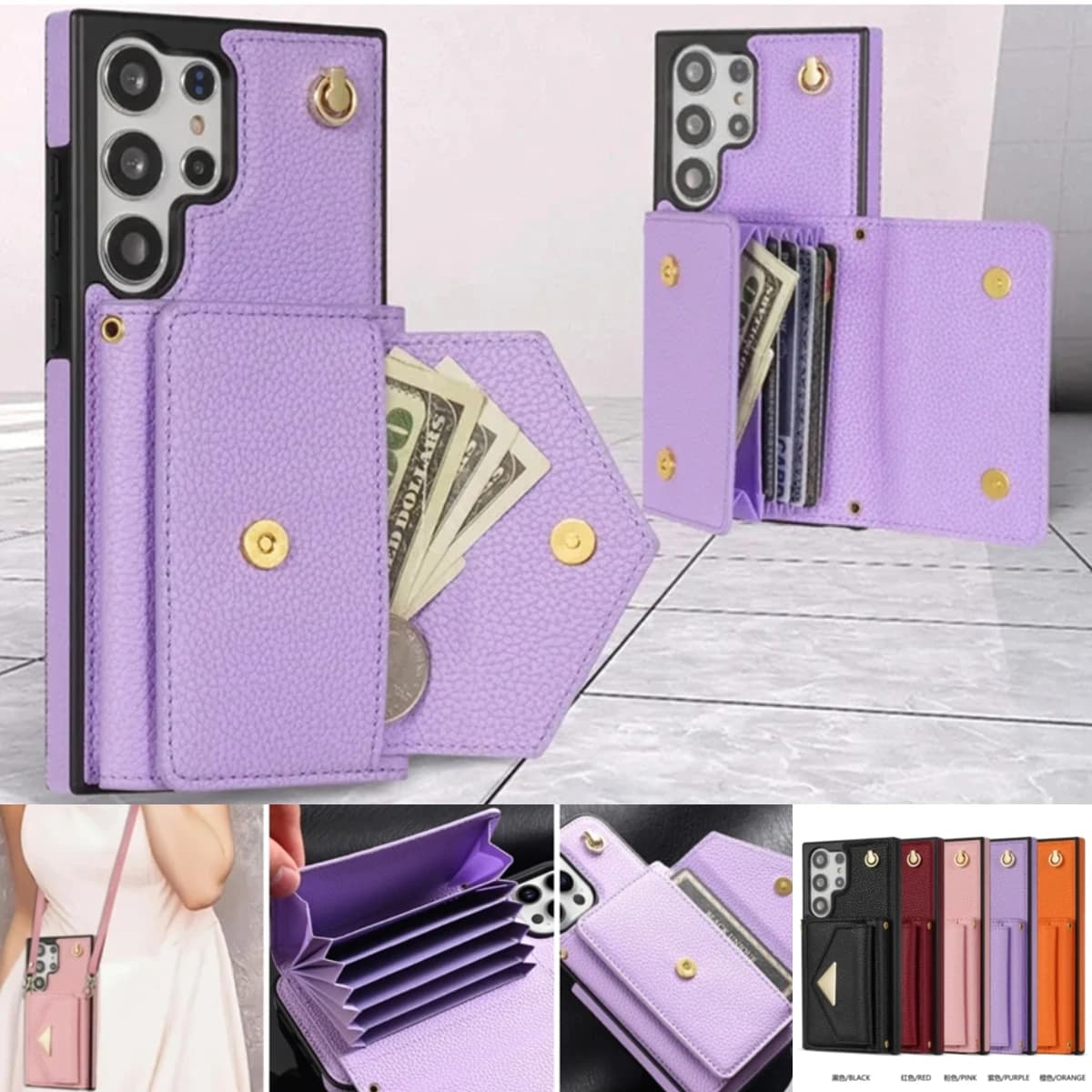 Custodia a tracolla in pelle con laccetto per Samsung Galaxy S26 S25 S24 Ultra S23 FE S22 S21 S20 Plus con porta carte