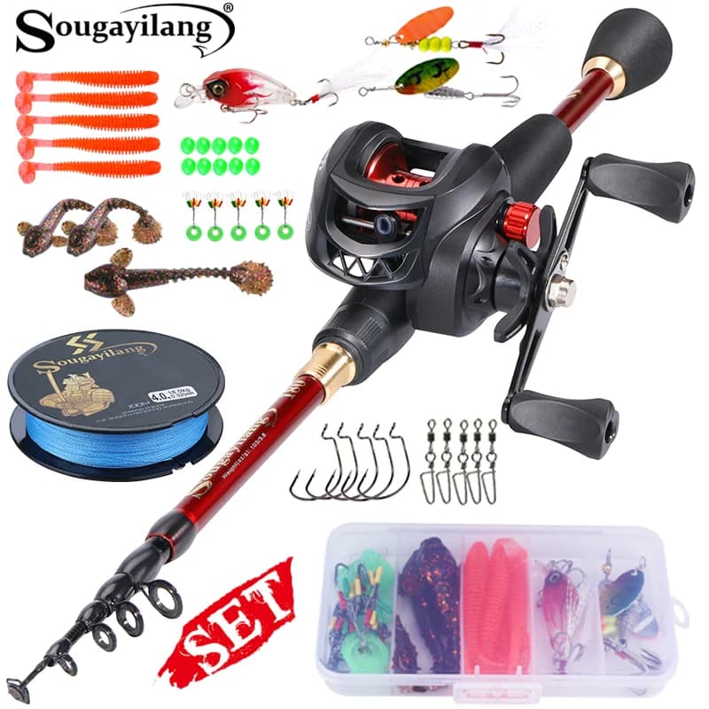Sougayilang 1.8-2.4m canna da pesca telescopica combinata in fibra di carbonio e rapporto di trasmissione 7.2:1 mulinello da pesca con amo da pesca kit linea di richiamo