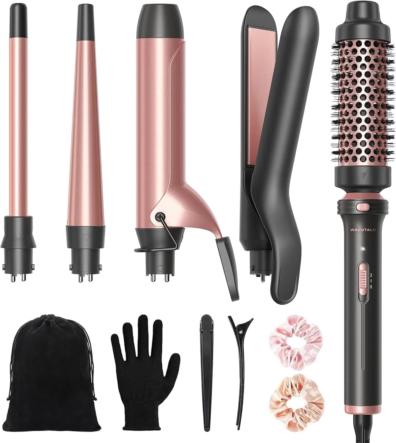 Set Ferro Arricciacapelli in Ceramica 5-in-1 con Spazzola Termica, 4 Bacchette (0,5'-1,25'), Riscaldamento Istantaneo, Oro Rosa