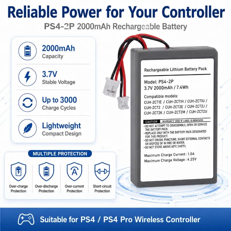Batteria Ricaricabile a Lunga Durata 2Ah 3.7V Integrata Compatibile con Controller PS4 e PS4 Pro Series