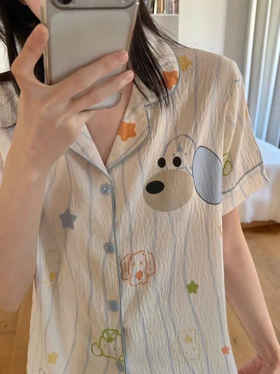 Womens Cartoon Puppy And Striped Print Lapel Short Sleeve Pajama Set Summer