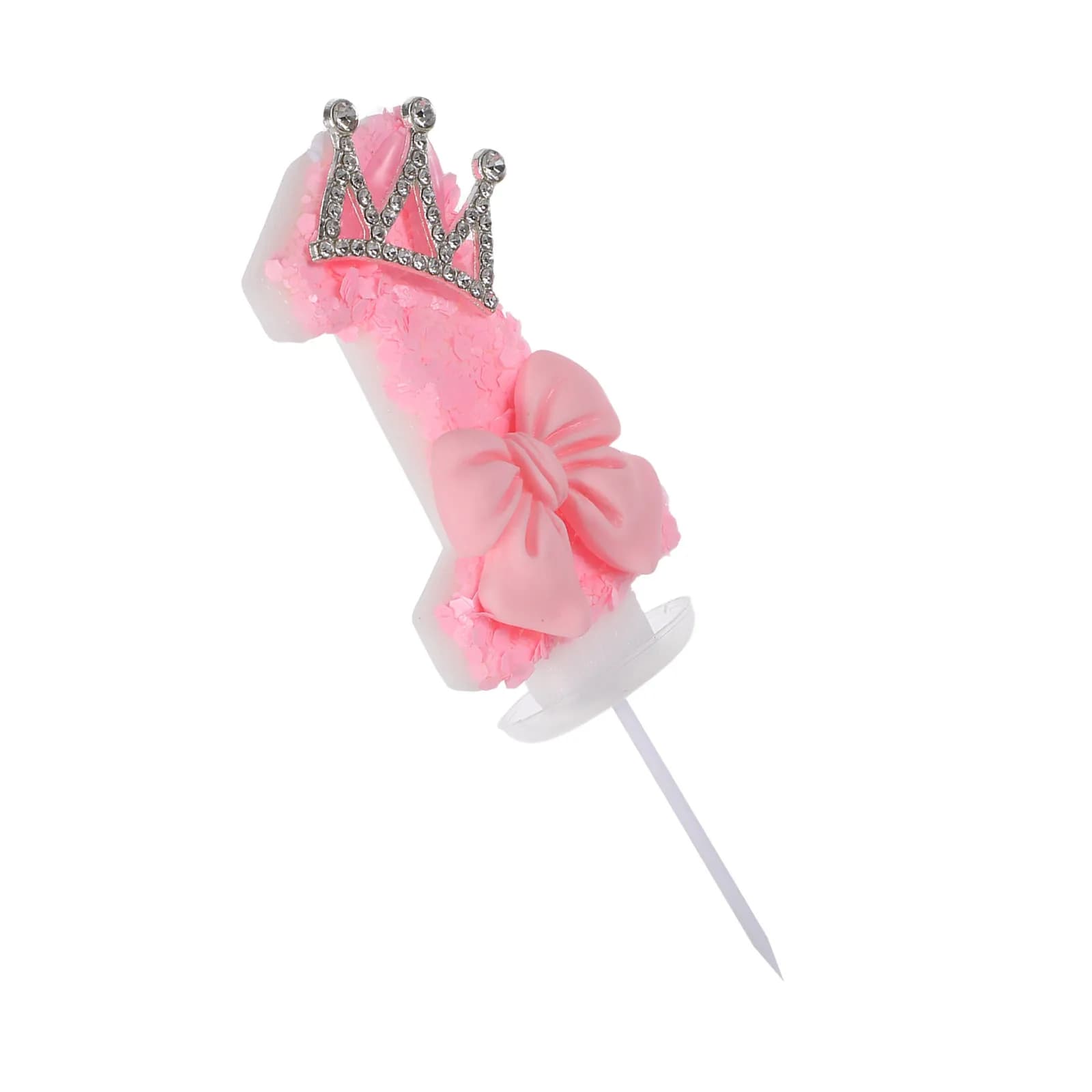 Decorazione per Torta Numero Uno Rosa con Design Corona e Fiocco, Candeline per Feste di Primo Compleanno