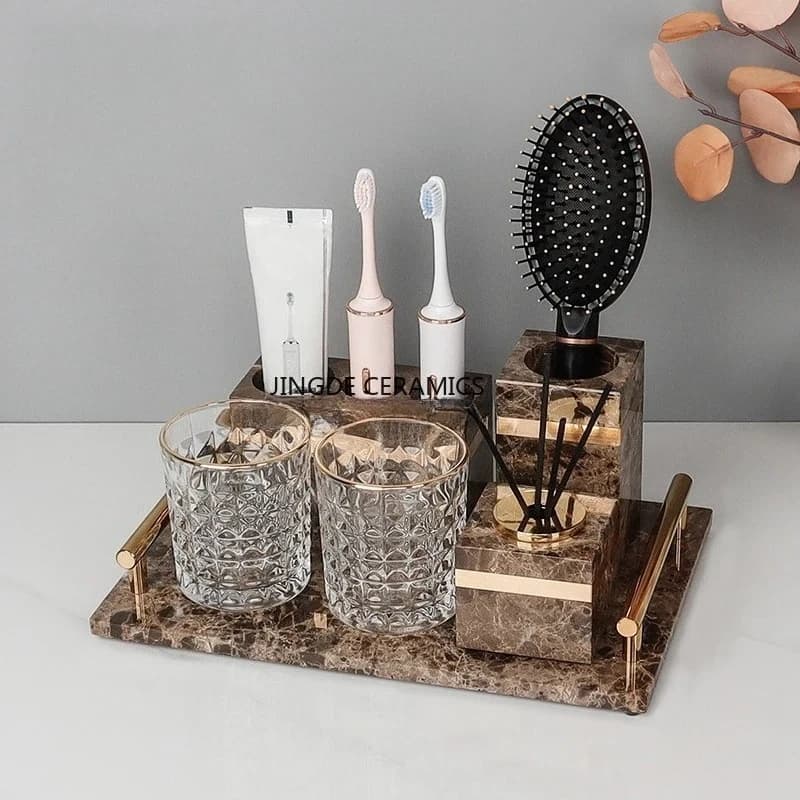 Set di Accessori per Bagno in Marmo, 1 Pezzo: Dispenser per Lozione, Portasapone, Portafazzoletti, Portaspazzolino, Accessori per il Bagno
