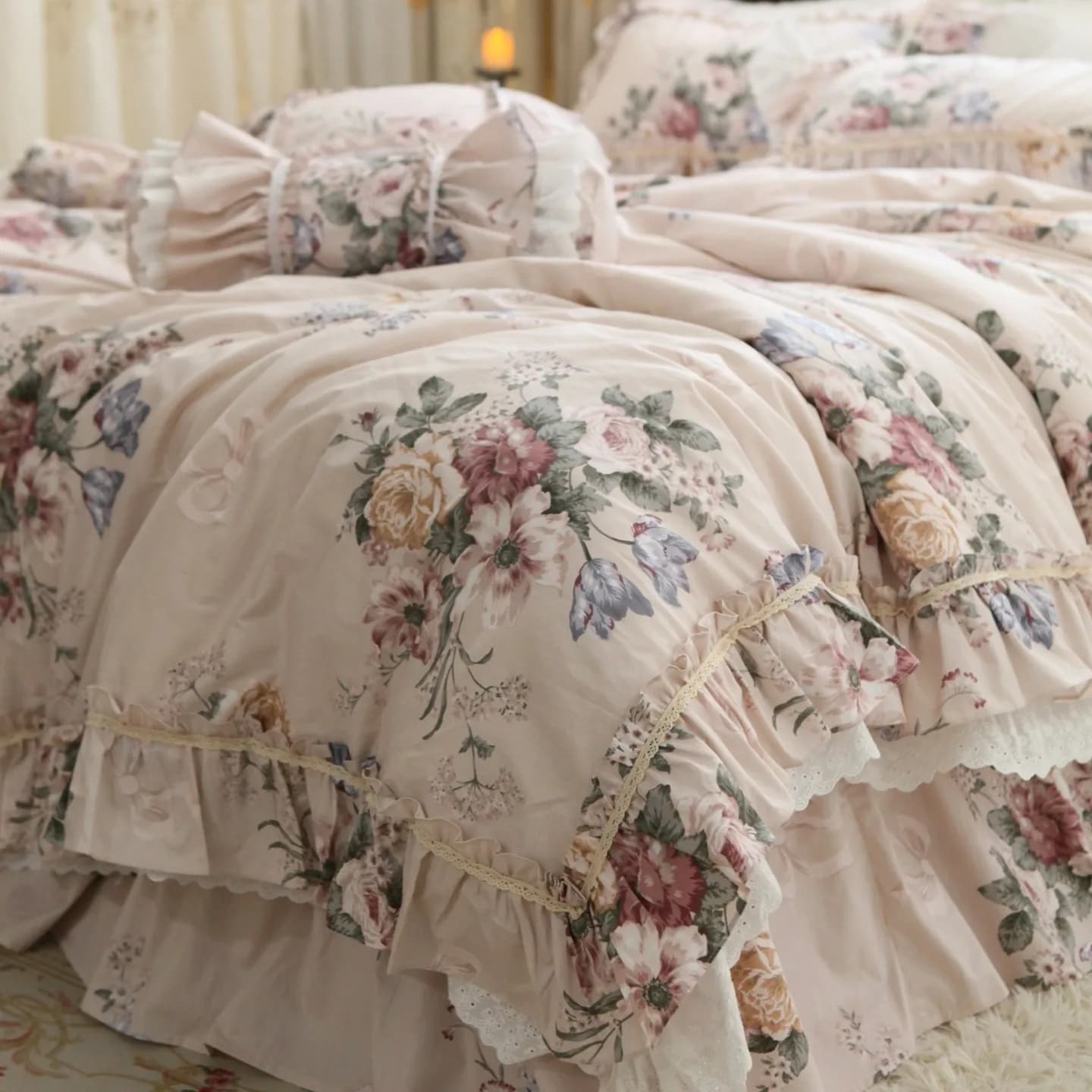 French Garden Floral Lace Bedding Set Princess Ruffle Bed Skirt Design 100% Cotton Heavyweight Duvet Cover Set for King Bedding