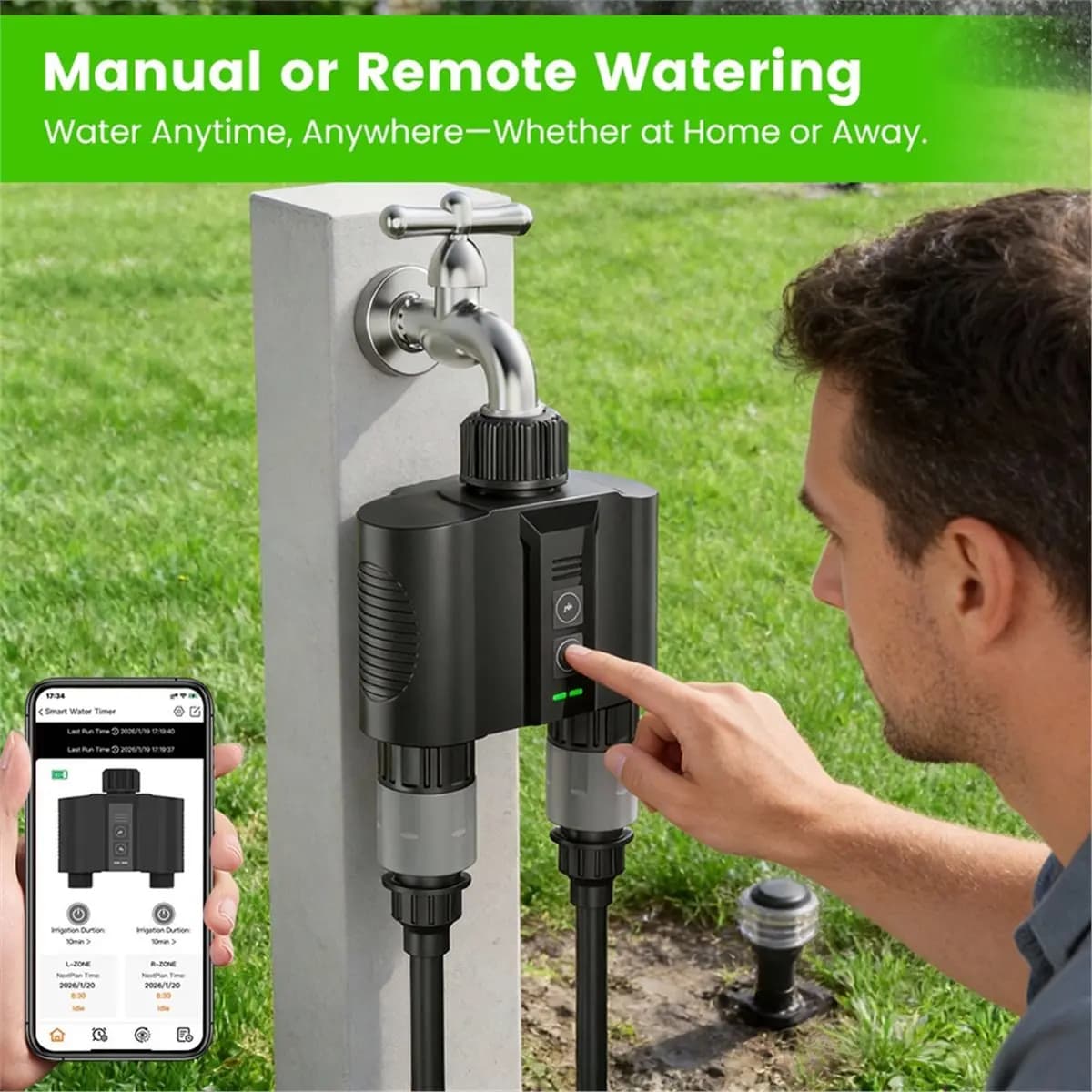Timer Industrial irrigation WiFi 1 Set for Garden Pipe, Timer for Irrigators with 2 Exit for Meadow and Garden, Ritardo Pioggia/Control Remote/Manual