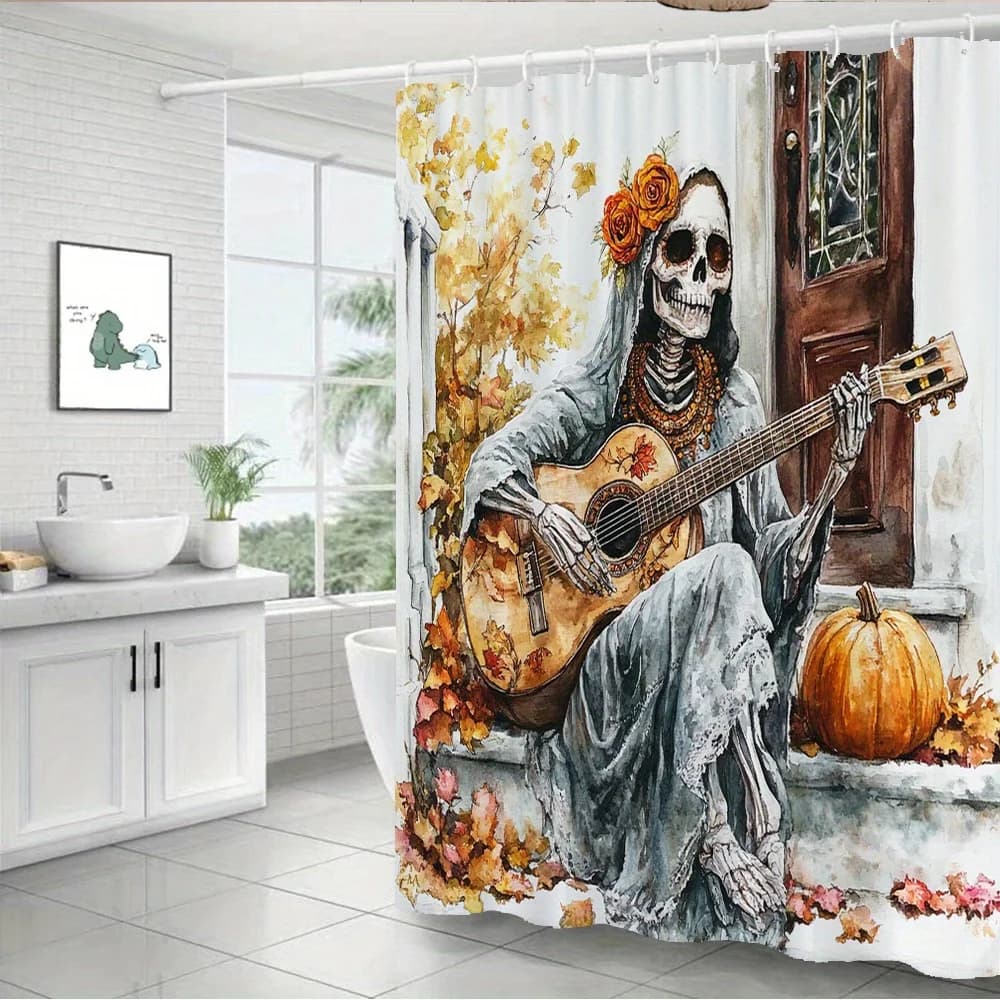 Tenda da doccia impermeabile resistente al muffa per chitarrista scheletro spettrale - Design di Halloween per un'esperienza di arredamento per il bagno stregato