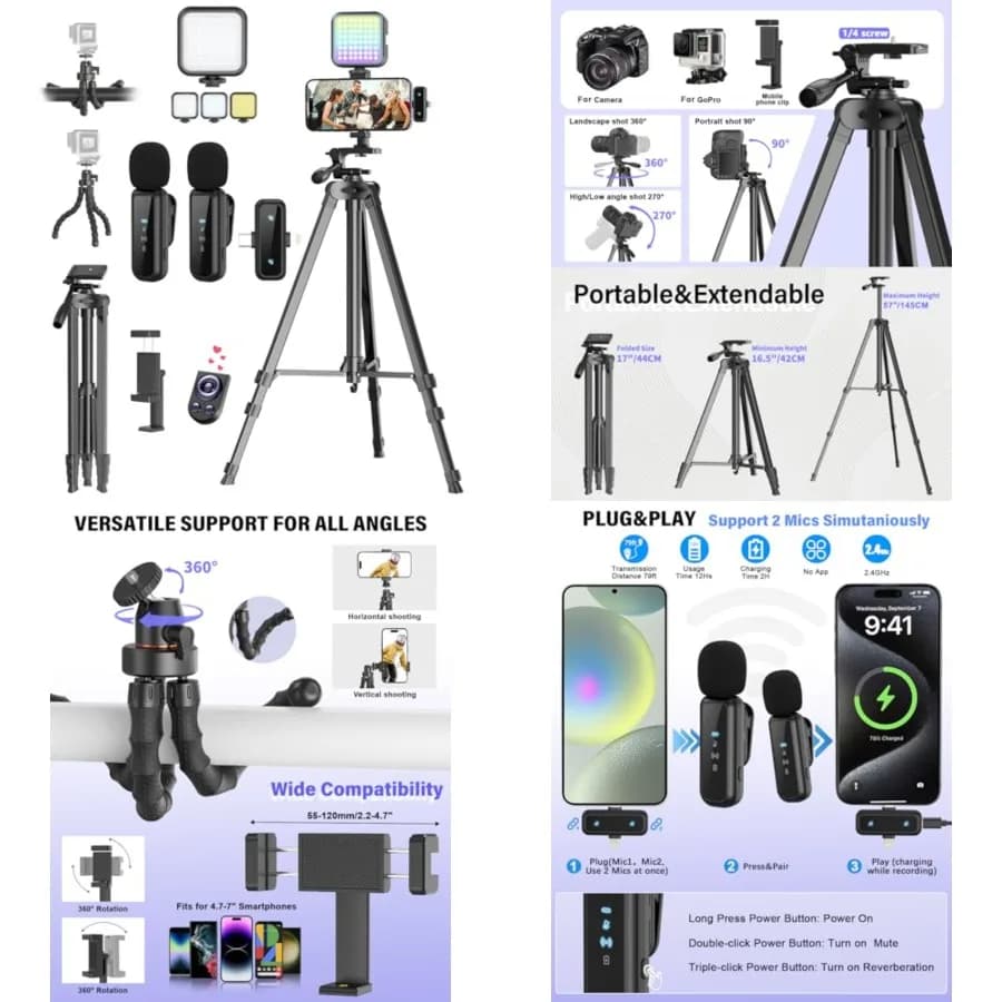 Kit per Vlogging per iPhone/Android, Kit per Principianti YouTube con Microfono Wireless/Treppiede per Fotocamera/Treppiede Flessibile/Luce di Riempimento RGB, Con