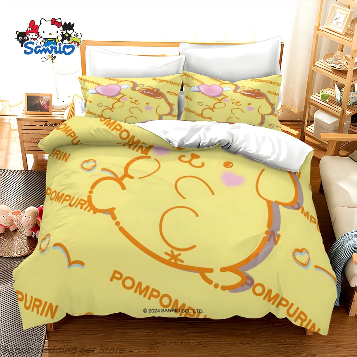 Set di biancheria da letto Sanrio Pompompurin, copripiumino con canietti gialli kawaii e federe, graziosa coperta trapuntata a cartoni animati per decorare la camera da letto, idea regalo.