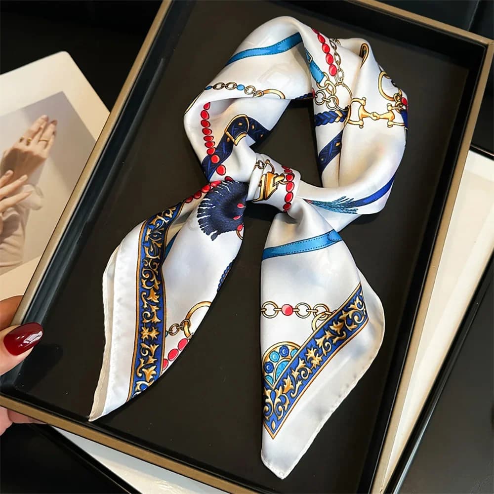 Square Silk Scarf with Luxury Design Chain Print Women's Slim Neck Scarves Fashion Summer Solar Protection for Women Bandana 70x70 cm