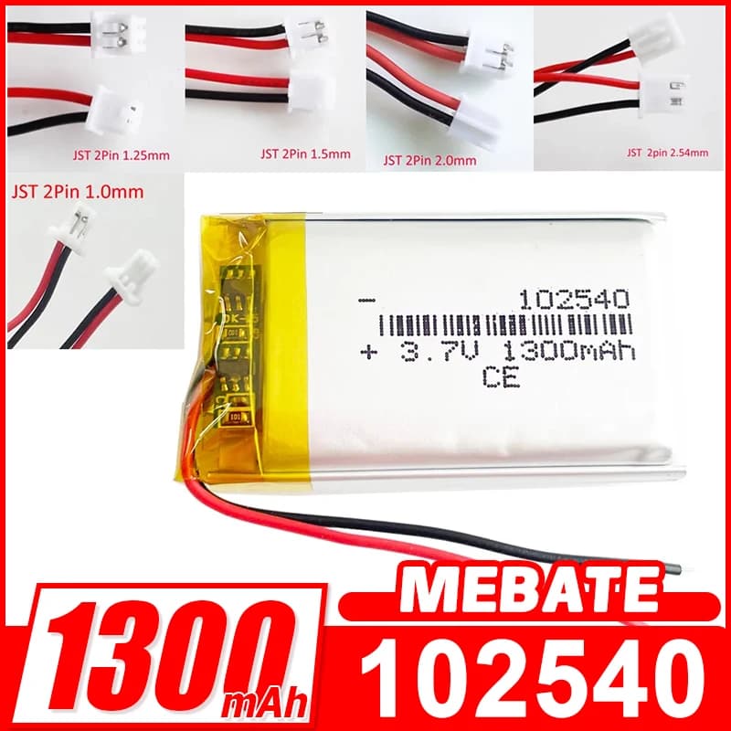 Rechargeable Lipo 3.7 V 1300 mAh 102540 + 2 pin replacement connector for wired Bluetooth GPS Smart Watch