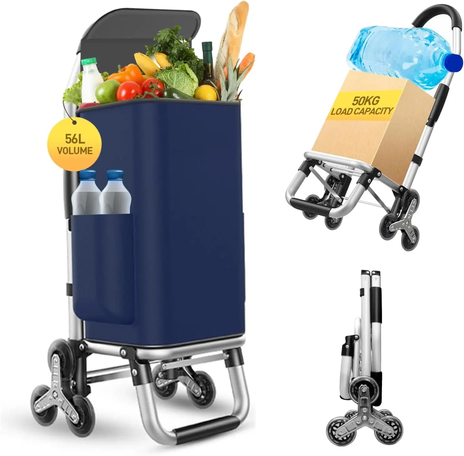 Carrello per la spesa 3 in 1 resistente, carrello pieghevole con 6 ruote, carrello per la spesa da 110 libbre, carrello multiuso portatile, borsa impermeabile