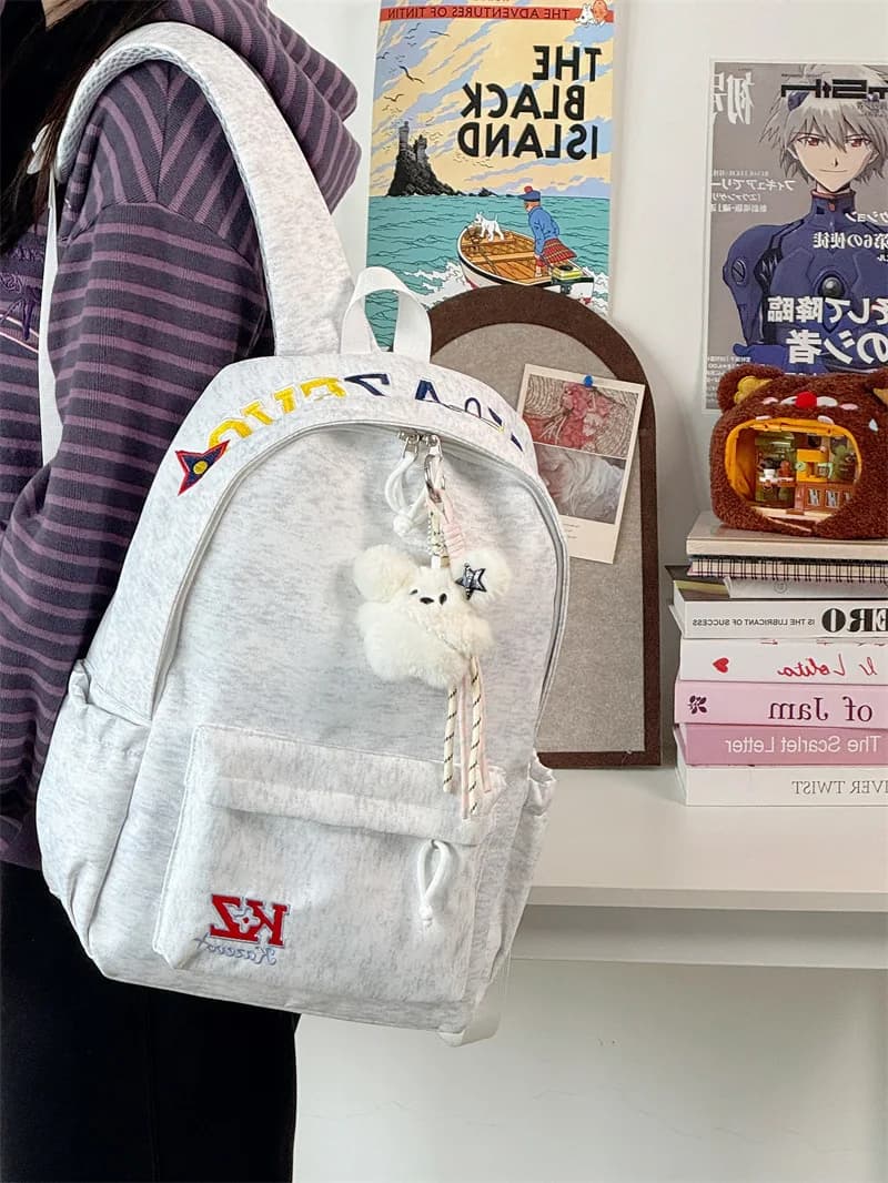 Retro Letter Embroidery Canvas Backpack for Teen Girls Large Capacity Preppy School Bag Lightweight Casual Daily Travel Rucksack