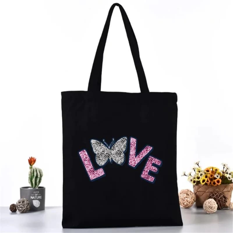 Glitter LOVE Butterfly Print Canvas Tote Bag Black Aesthetic Shoulder Bag Reusable Casual Handbag for Women