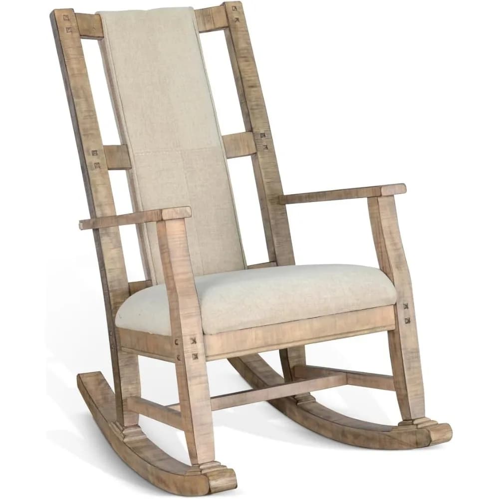 marine rocking chair in mahogany with seat and backrest with beige cushion