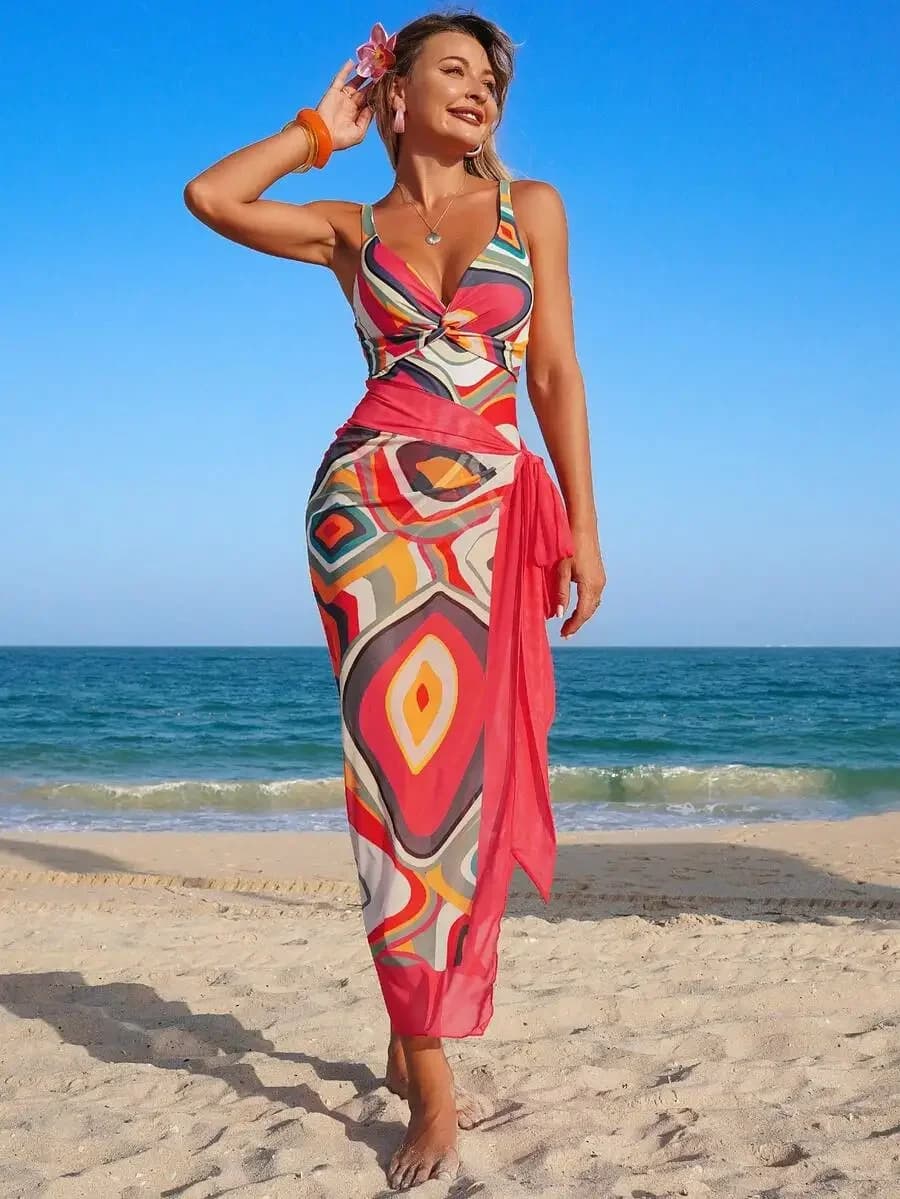 Costume da bagno intero da donna con stampa a spirale e gonna da spiaggia in rete con laccetti per le vacanze estive