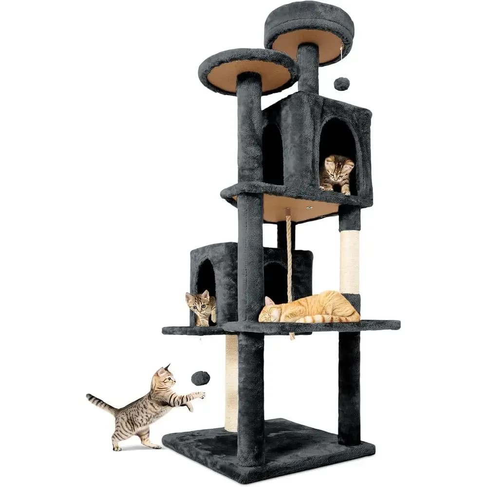 Large 58.5 Multi-Level Cat Tree Tower with Rotating Cave, Scratching Post, Sisal Rope, Gray