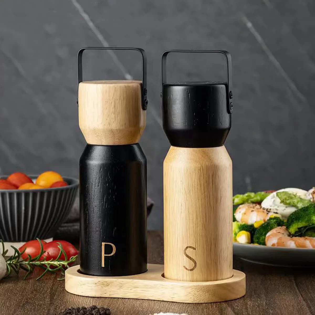 Pepper Grinder with Base Set Manual Solid Wood Black Pepper Mill Rose Sea Salt Seasoning Grinding Bottle Kitchen Utensils
