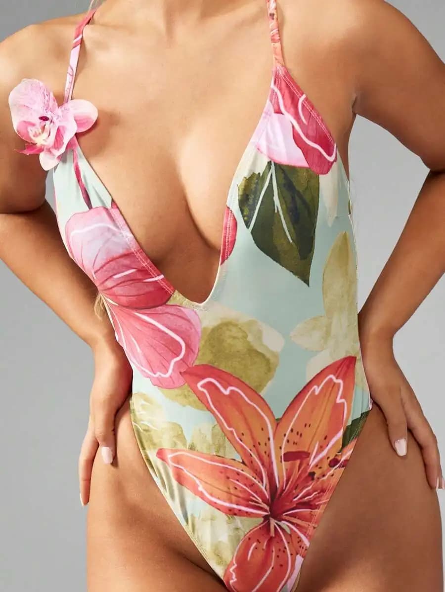 Tropical Floral Print Plunging V-Neck One Piece Swimsuit For Women