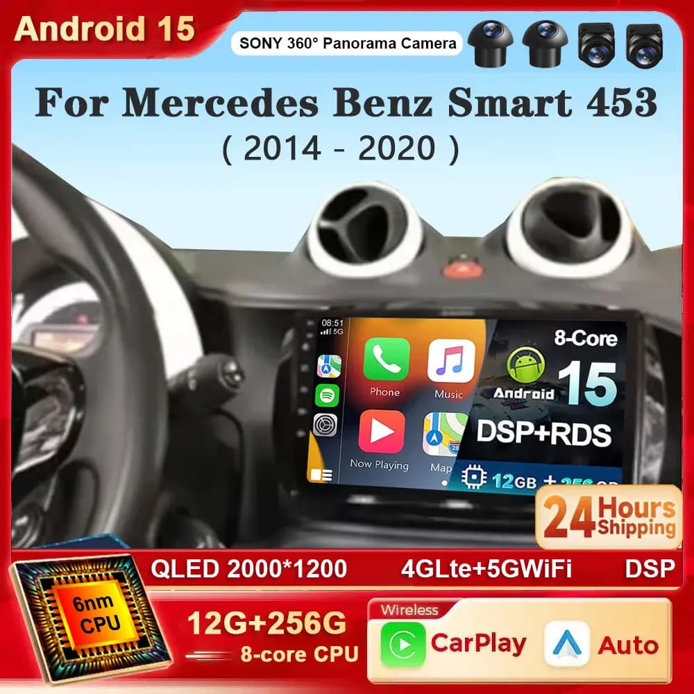 Lettore multimediale video autoradio Android 15 per Mercedes Benz Smart 453 Fortwo 2014 - 2020 GPS Navi WiFi Bluetooth DSP