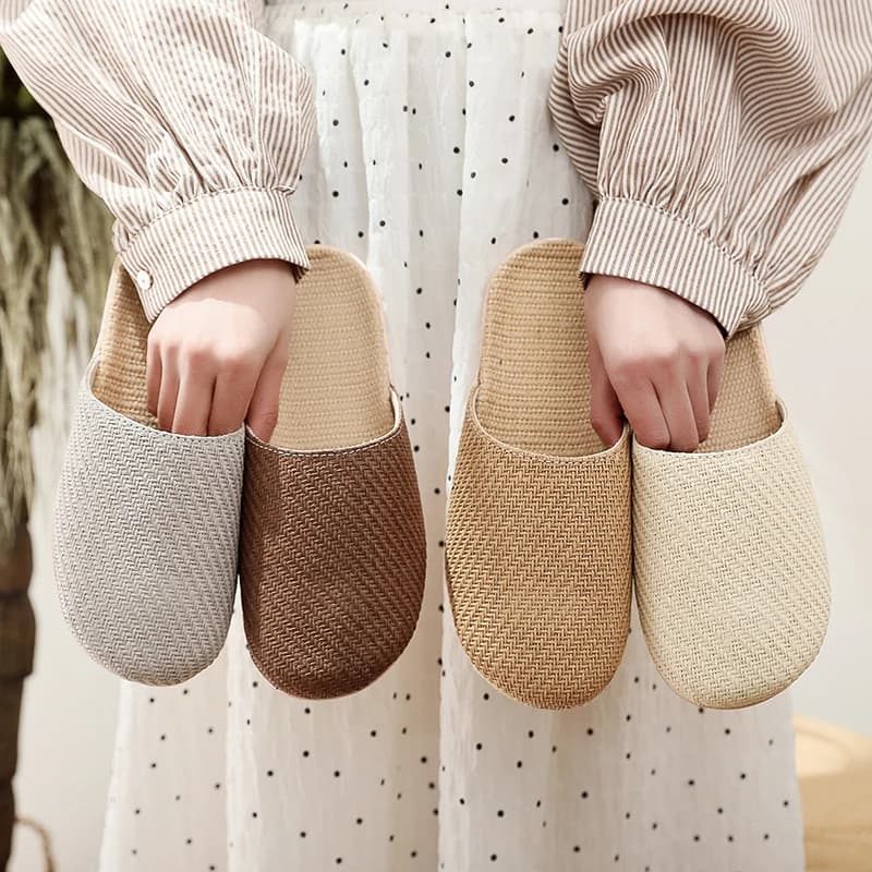 Slippers Lightweight and Breathable in Linen for Couples, Interior, with Wood Sole, Absorbents, in Rattan, Comfortable for Men and Women