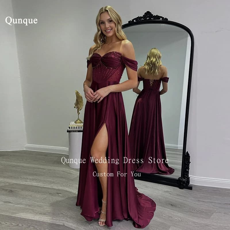 Qunque Off Spalla Perline Paillettes Abito da ballo Lungo in raso Abiti da cerimonia per invitati a un matrimonio con spacco Abiti da festa personalizzati