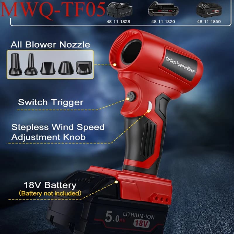 MWQ-TF05 Cordless Electric Hair Dryer for Milwaukee 18V Lithium Ion Battery Mini Electric Air Duster for Sweeping and Drying