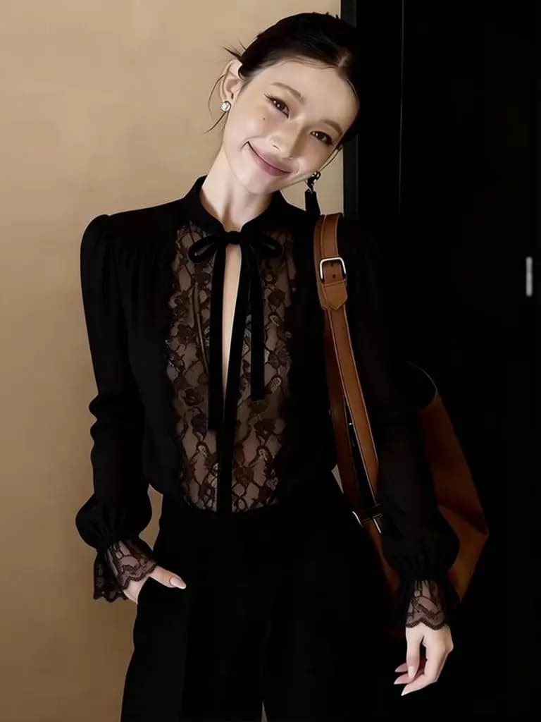 Luxury Black Lace Long Sleeve Top Women Mesh Sheer V neck Lace Up Tied T shirt Elegant Lady Clothes Casual Basic Tees