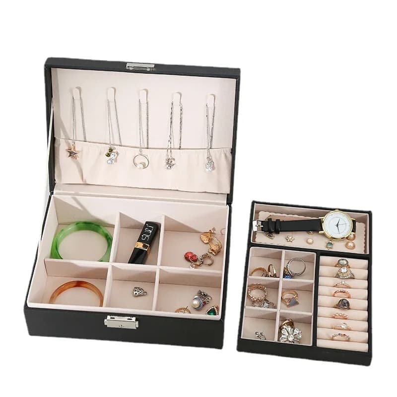 PU Leather Jewelry Storage Organizer and Makeup Case Double-layer Wooden Jewlery Box Ring Box Jewelry Boxes and Packaging with