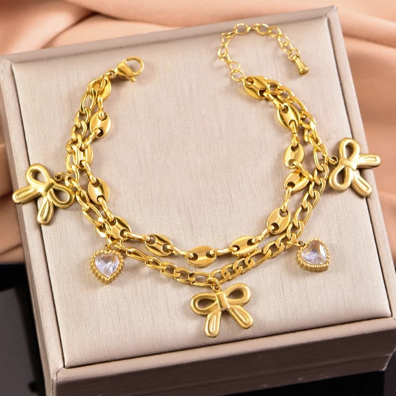 Kuziduocai Statement 316L Stainless Steel 2025 New Fashion Jewelry Zircon Bowknot Heart Star Moon Charm Chain Bracelet For Women