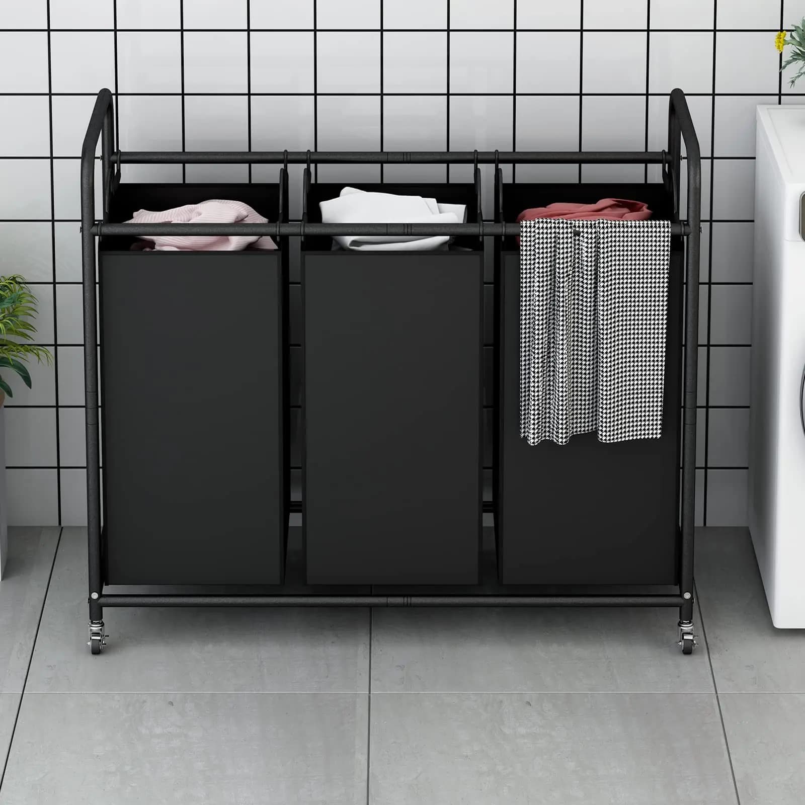 Cesto per Bucato con 3 Scomparti, 240L, Carrello Portabiancheria per Arredamento Casa con Ruote Bloccabili e Robuste, Rimovibili
