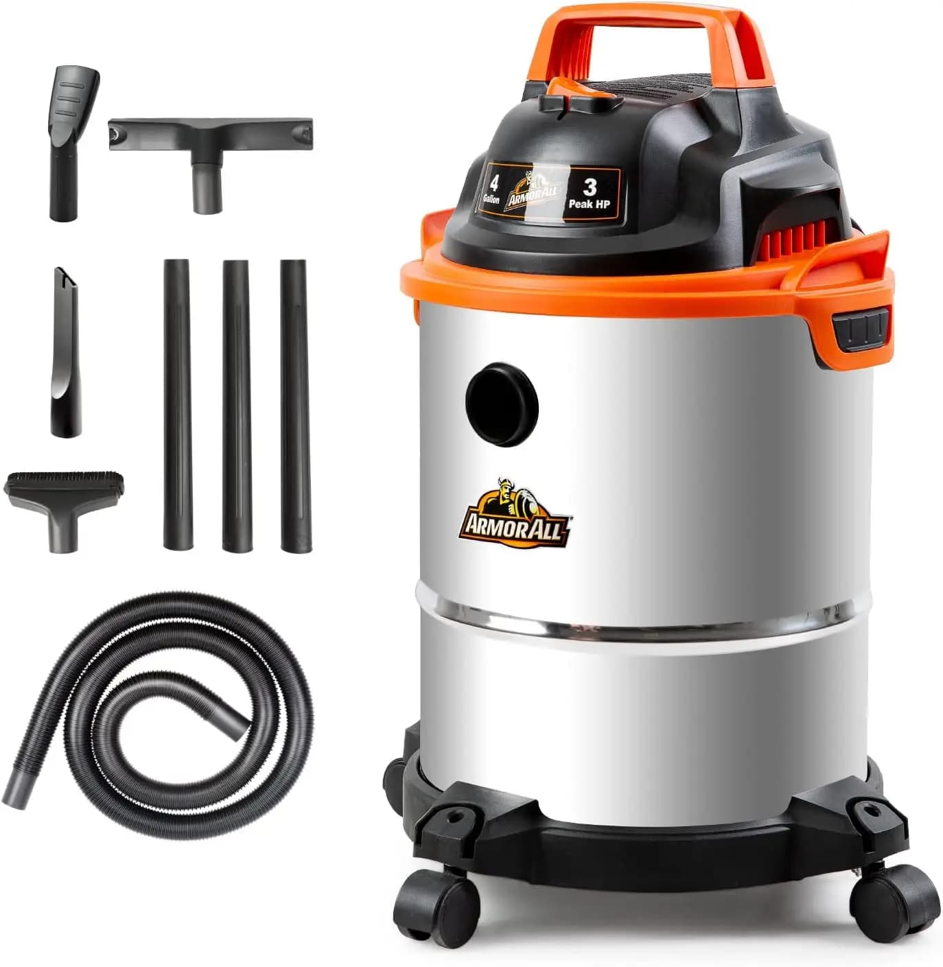 4 Gallon Stainless Steel Solid and Liquid Vacuum Cleaner with 3 HP Motor, 10 Home Cleaning Accessories and Garage