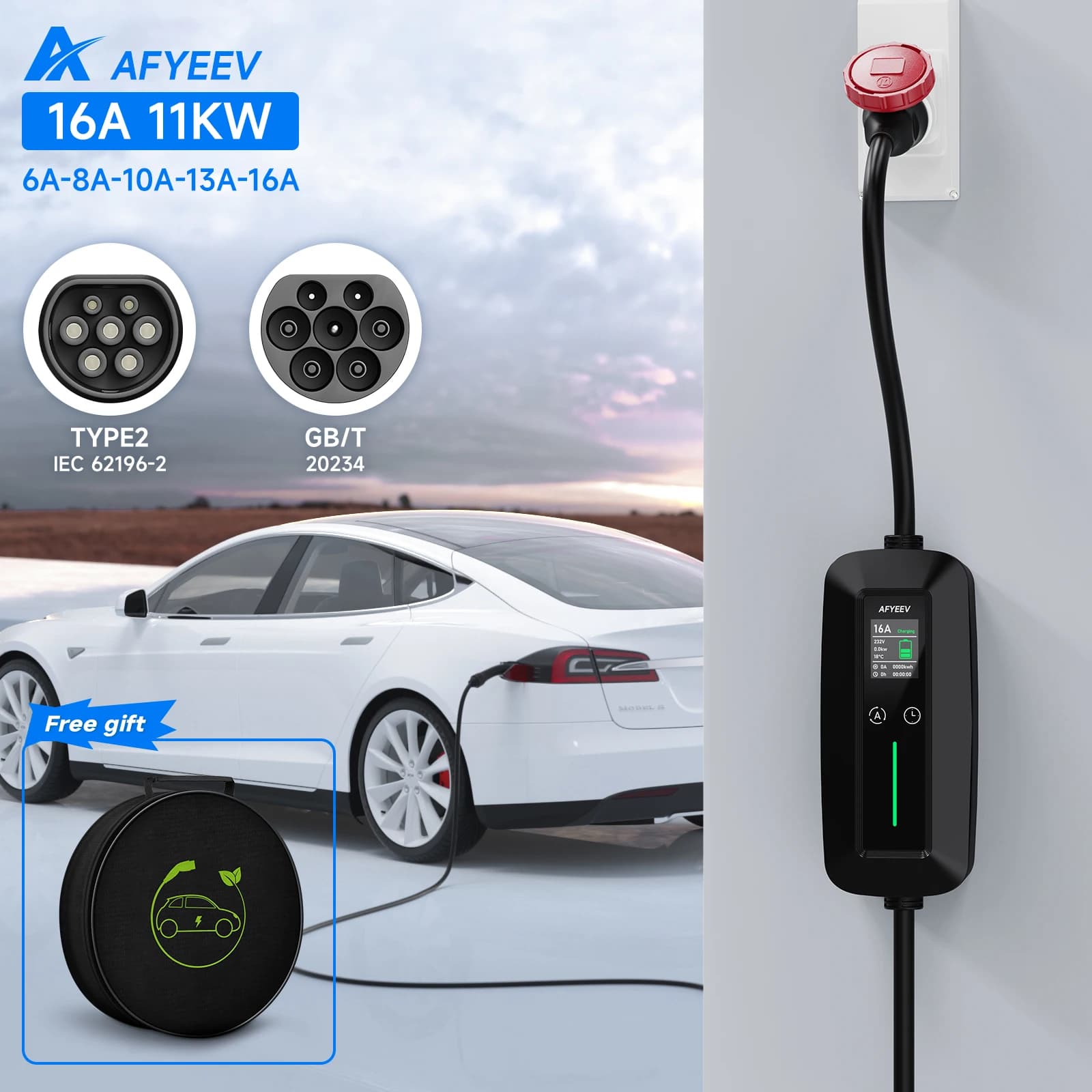 AFYEEV Type2 Caricatore EV portatile 11KW 16A GBT Caricatore per auto elettrica Ricarica rapida con impostazione dell'ora di ricarica Spina CEE Wallbox