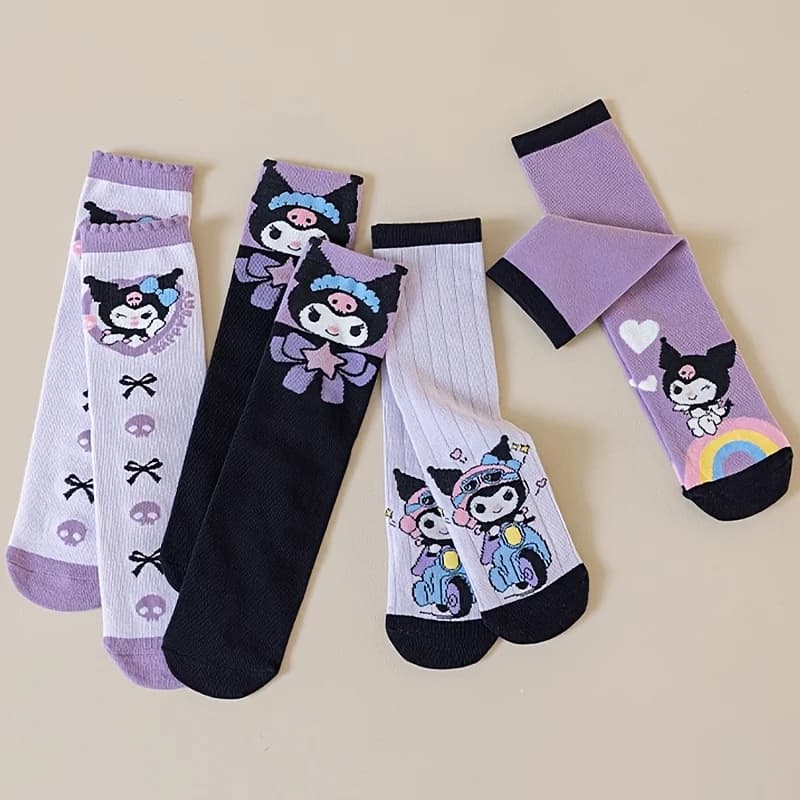 4 Pairs Of Cute Cartoon Kulomi Mid Calf Student JK Uniform With Cute Sanrio, Multifunctional, Soft And Breathable Calf Socks