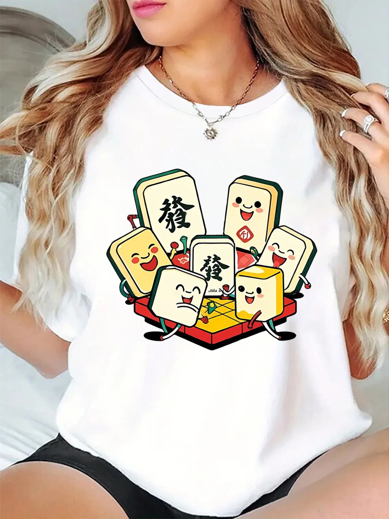 Cute Mahjong Cartoon Fortune Tile Graphic Womens T Shirt Short Sleeve Crew Neck Fun Asian Game Casual Daily Ladies Tee Tops