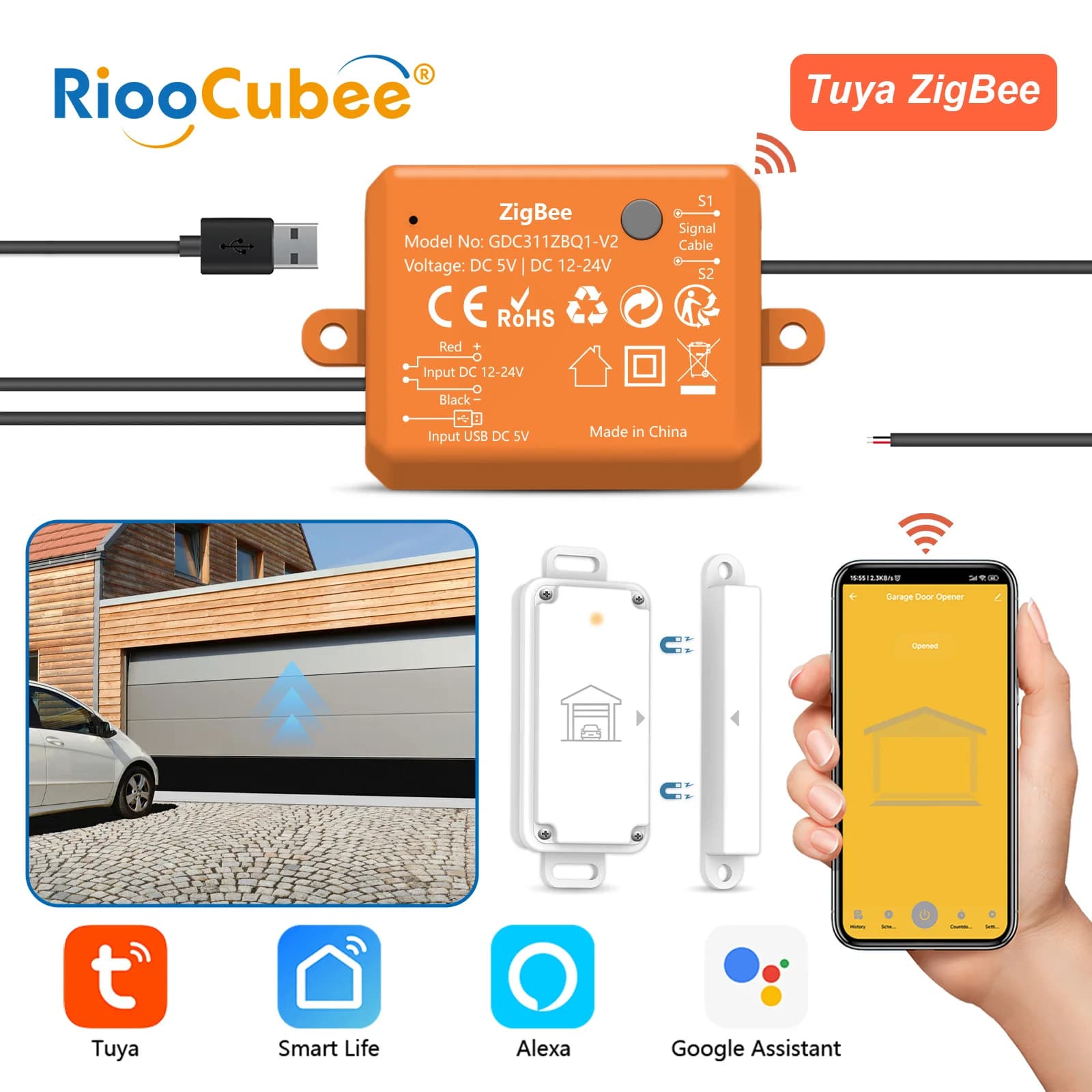 Garage RiooCubee Tuya Smart Life ZigBee with Waterproof Wireless Sensor and Vocal Control via Google Home Alexa