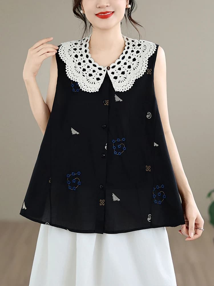 French Style Loose Cotton Linen Sleeveless Doll Collar Shirt Women Summer Breathable Moisture Wicking Casual Top Small Shirt