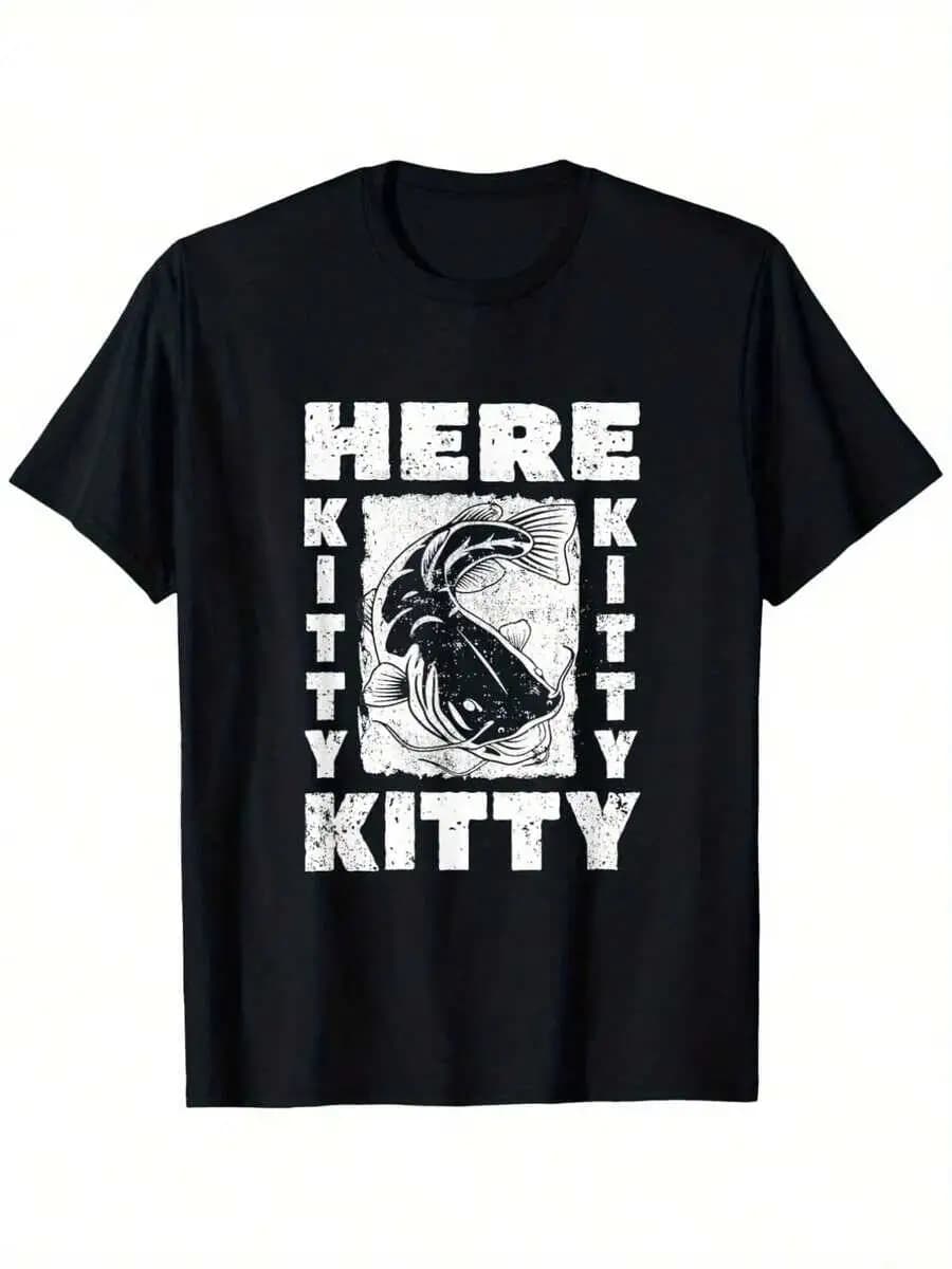 Funny "Here Kitty Kitty" Catfish Pun Graphic T-Shirt For Men And - Outdoor Tee With Fishing Design, All-Season 100% Cotton