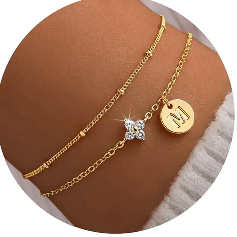 Dainty 14K Gold Plated Cubic Zirconia Clover Initial Bracelet Layered Letter Bracelet for Women Girls Jewelry Personalized Gifts