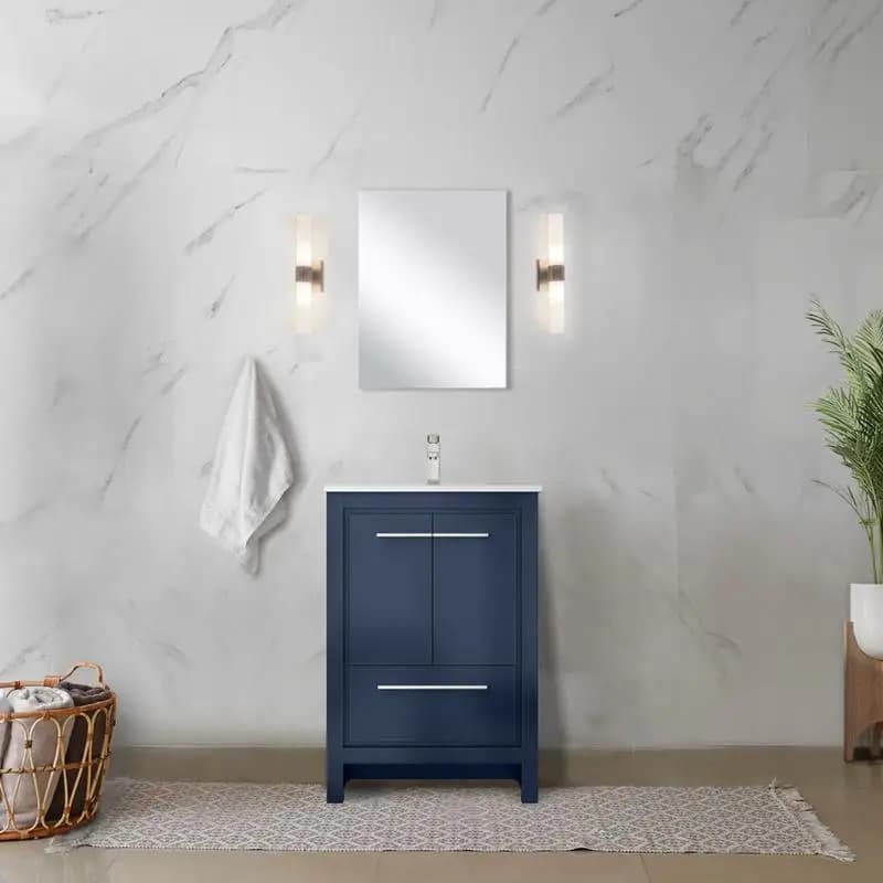 Vanity da bagno blu navy da 24 pollici di larghezza x 20 pollici di D con piano in quarzo bianco e specchio da 18 pollici - Set di mobili da bagno moderni