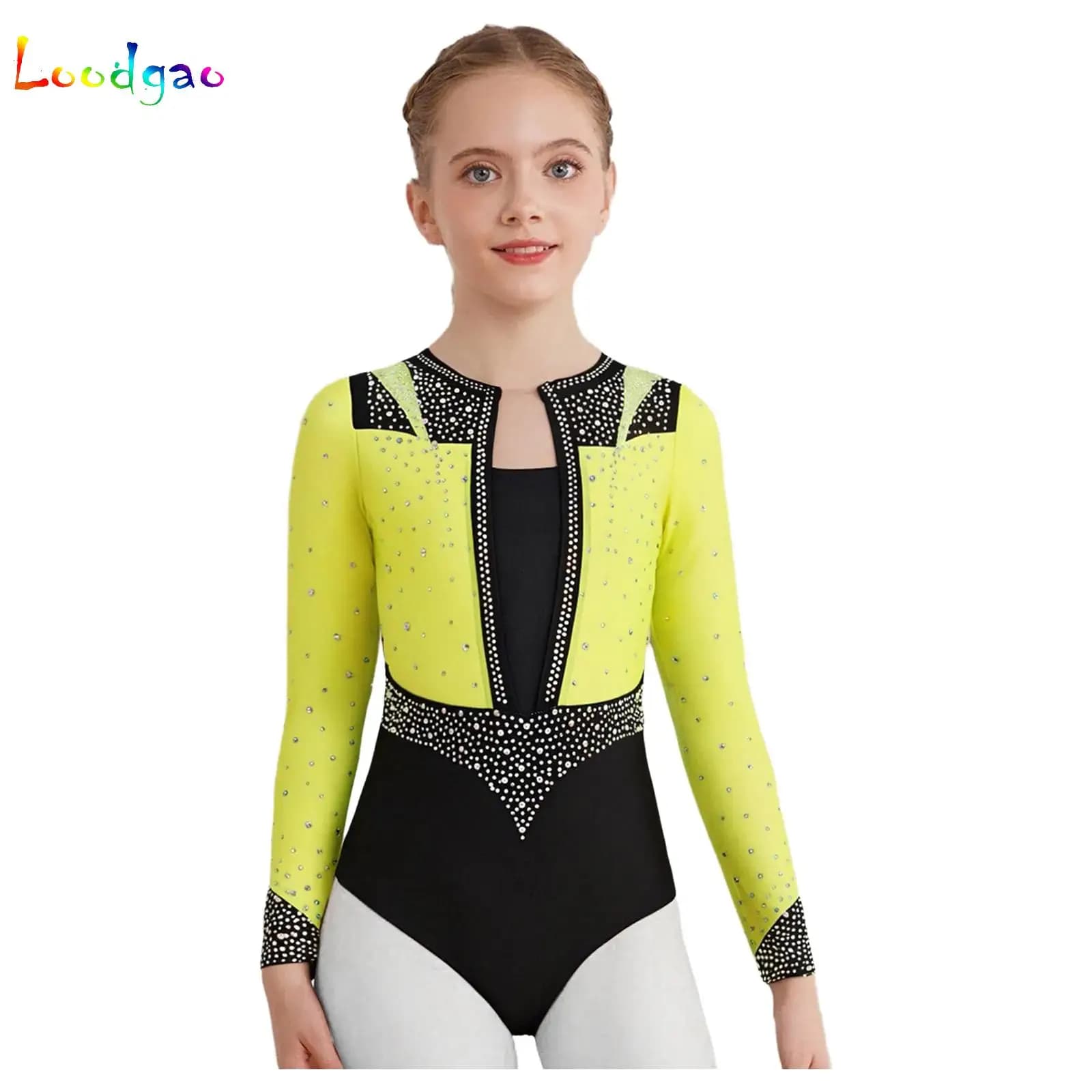 Vestito da pattinaggio di figura per balletto per bambina, ginnastica ritmica, body a maniche lunghe in rete trasparente, costume da spettacolo teatrale