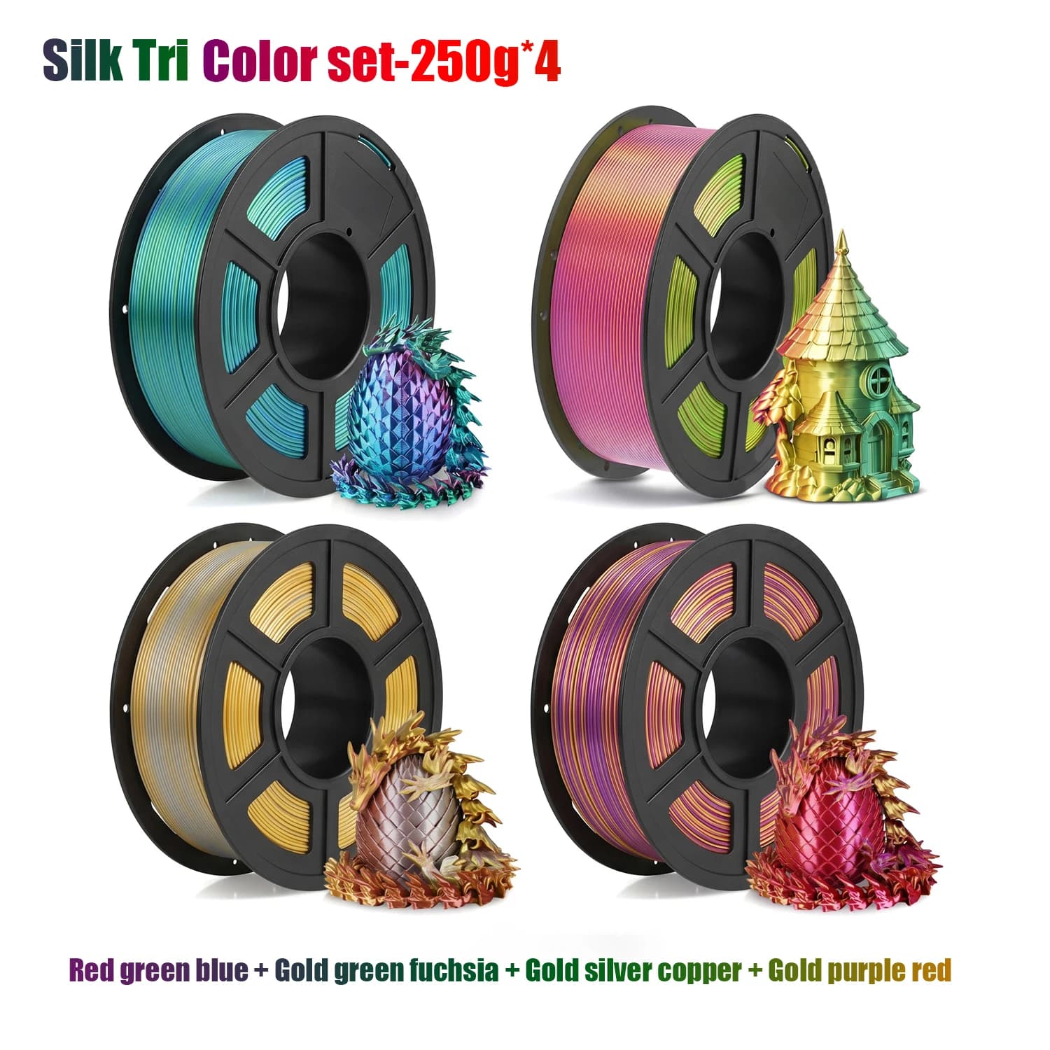 Silk Triple Color Rainbow PLA Filament 1.75mm Tolerance +/-0.02mm Neat Wound 3D Printer Filament 200g 250g 500g 1000g